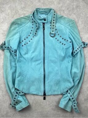2000s Versace Turquoise Suede Leather
Eyelet Light Jacket